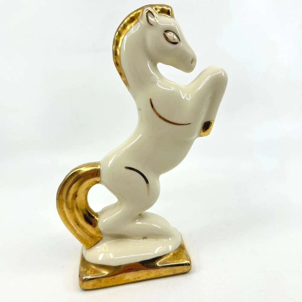 Vintage Mid Century Gold White Ceramic Rearing Horse Figurine
